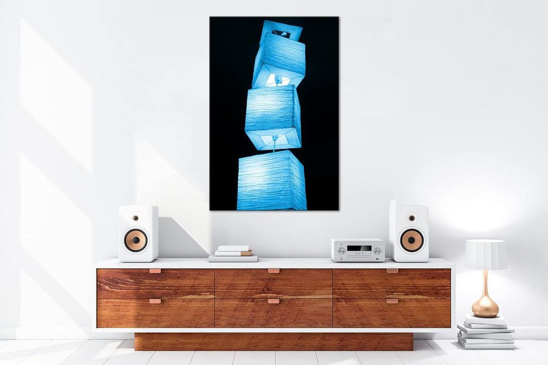 deyoli leuchtende Lampenreihe Format 80x60 Effekt: Monocrome Blau als Leinwandbild, Motiv fertig ger