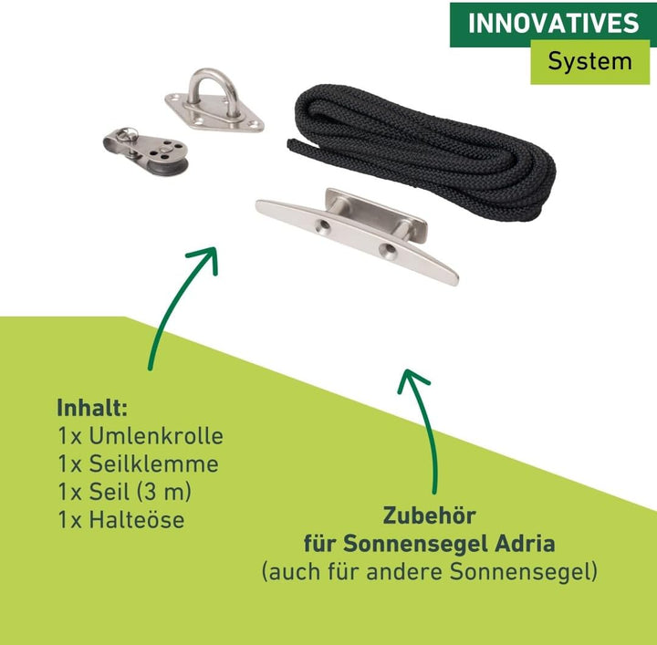 Windhager Seilzugset für Sonnensegel, Zubehörset für Sonnenschutz, Komplettset, Montageset, 10897 Si