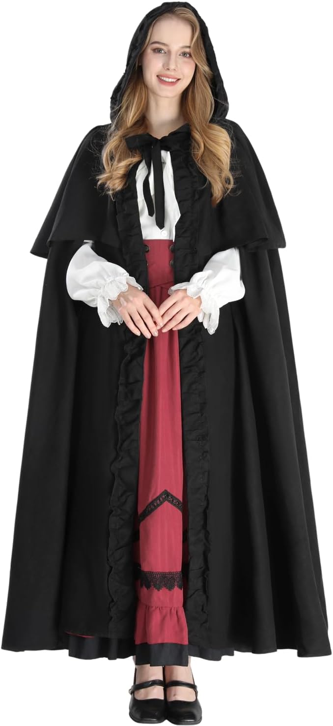 Fiamll Mittelalter Umhang Damen Kapuze Mantel mit Manschette Einfarbige Trenchcoat Renaissance Vampi