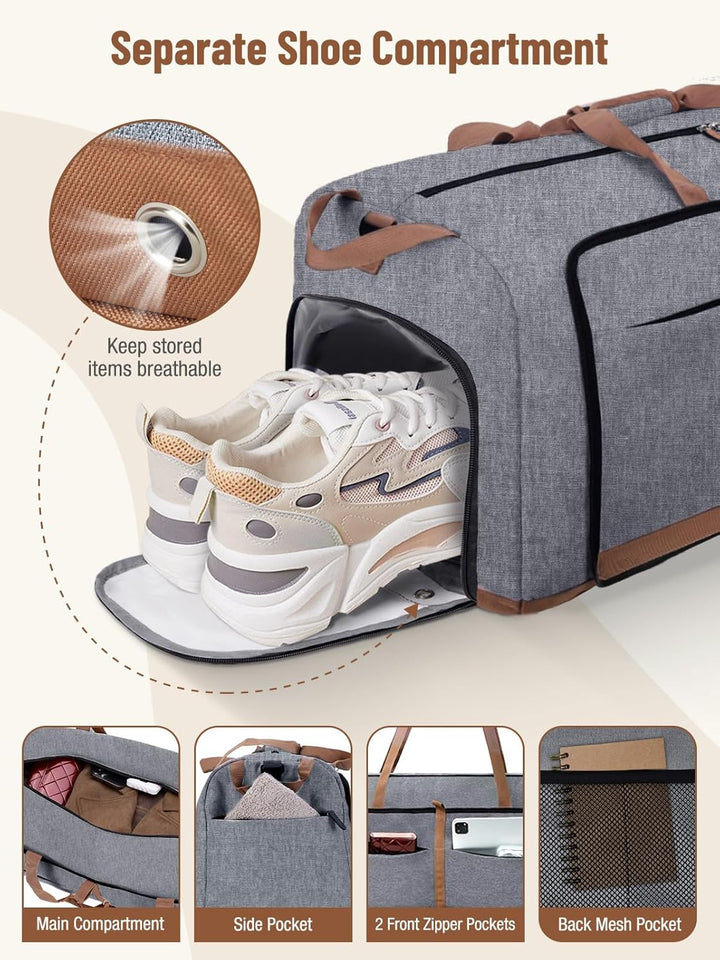 Lekesky Faltbare Reisetasche Weekender mit Schuhfach, 60L Reisetasche Sporttasche Kliniktasche Krank