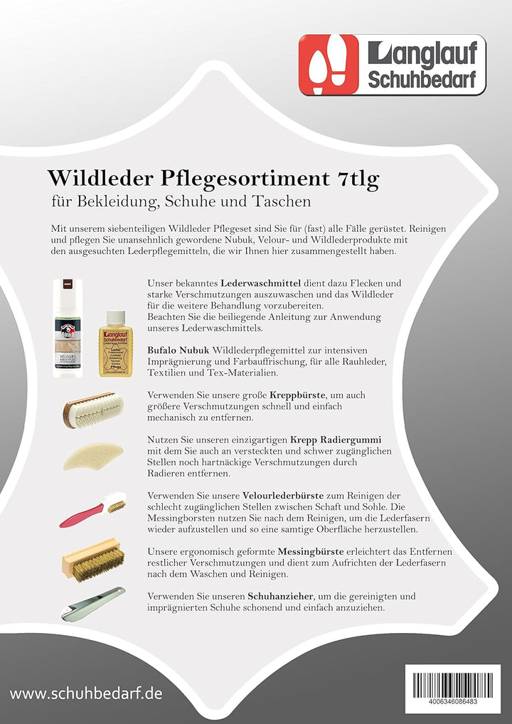 Wildleder Pflegeset 7tlg - für Bekleidung Schuhe Taschen - Nubuk Messingbürste - Veloursleder Kreppb