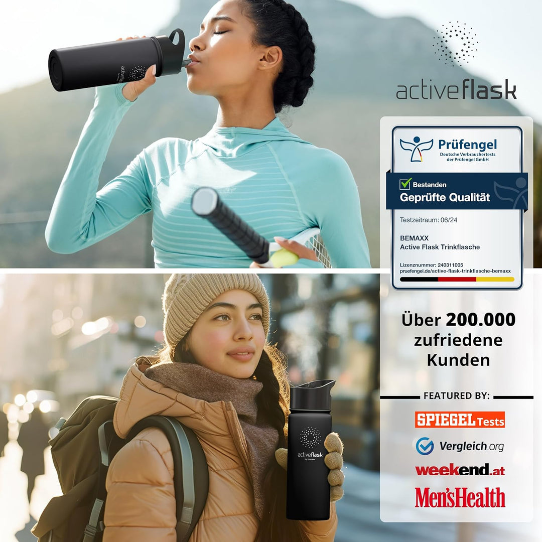 Trinkflasche Edelstahl ACTIVE FLASK + Strohhalm (3 Deckel) BPA-frei, Auslaufsicher, Kohlensäure geei