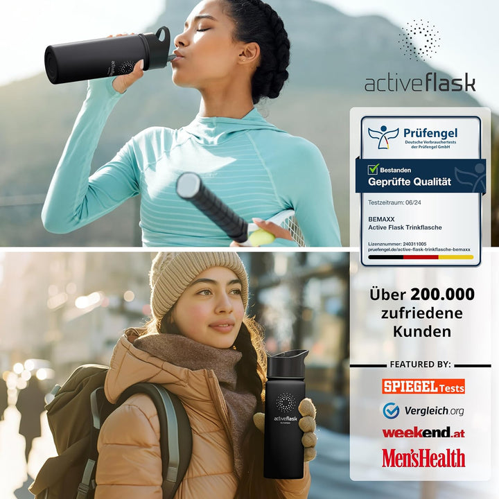 Trinkflasche Edelstahl ACTIVE FLASK + Strohhalm (3 Deckel) BPA-frei, Auslaufsicher, Kohlensäure geei