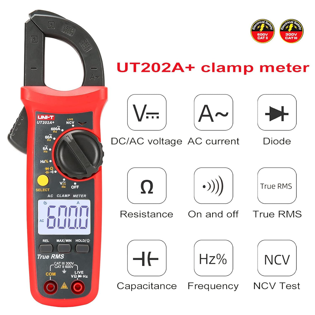UNI-T UT202A+ Digital clamp meter 6000 Counts Auto Range True RMS Backlight NCV Multimeter, UT202A+