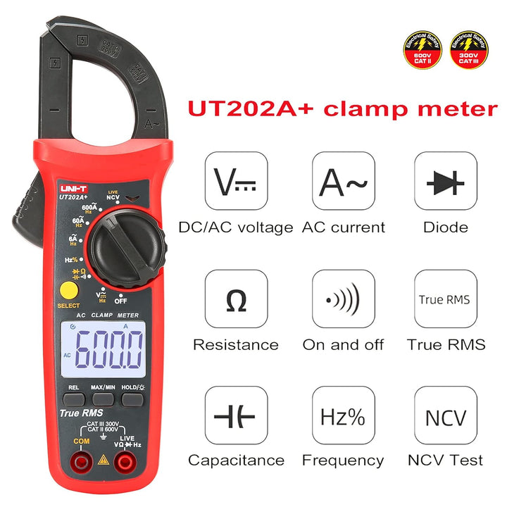 UNI-T UT202A+ Digital clamp meter 6000 Counts Auto Range True RMS Backlight NCV Multimeter, UT202A+