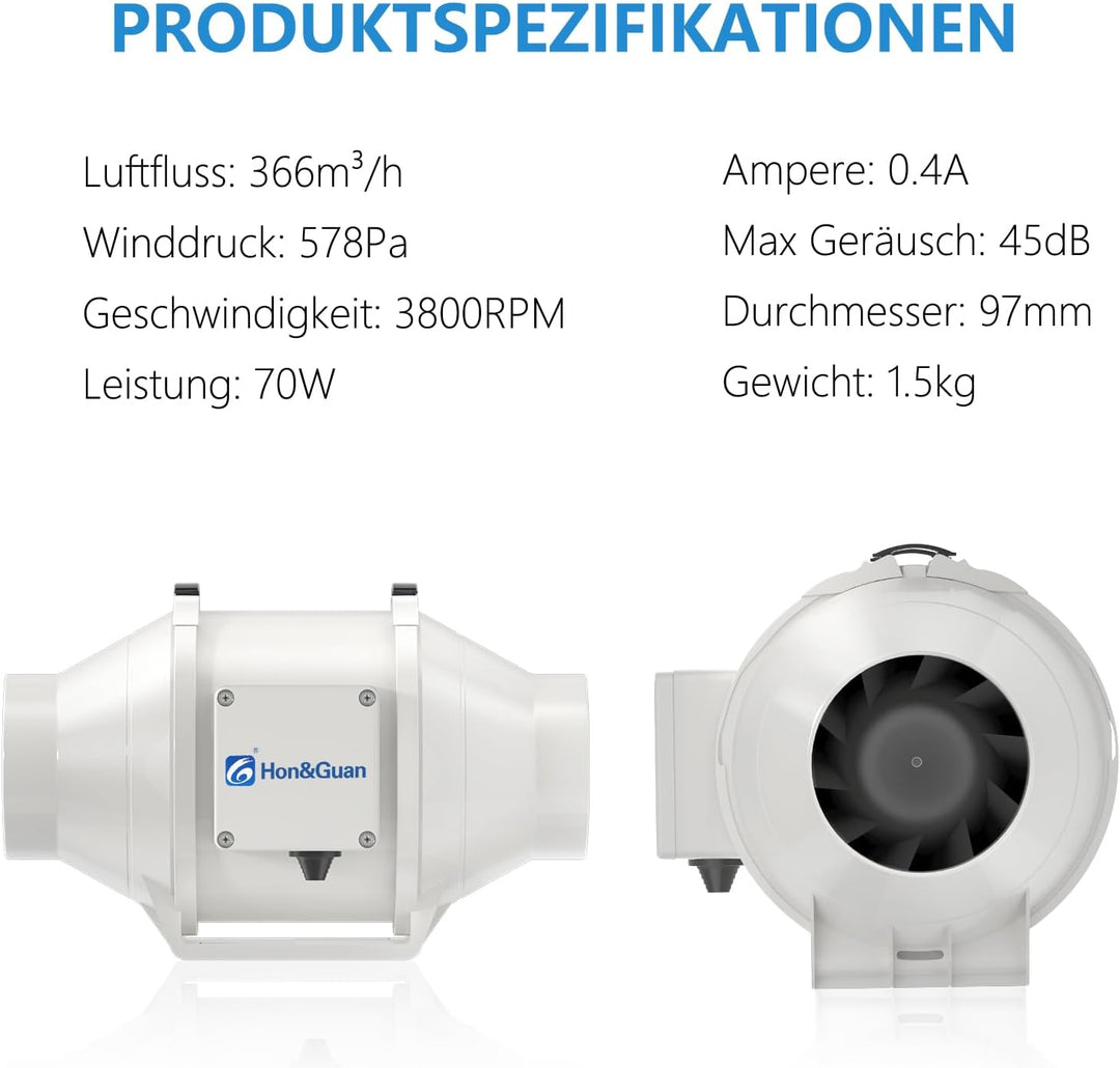 Hon&Guan Abluftventilator Rohrventilator 100mm mit Variabler Geschwindigkeitskontrolle, Abluftventil