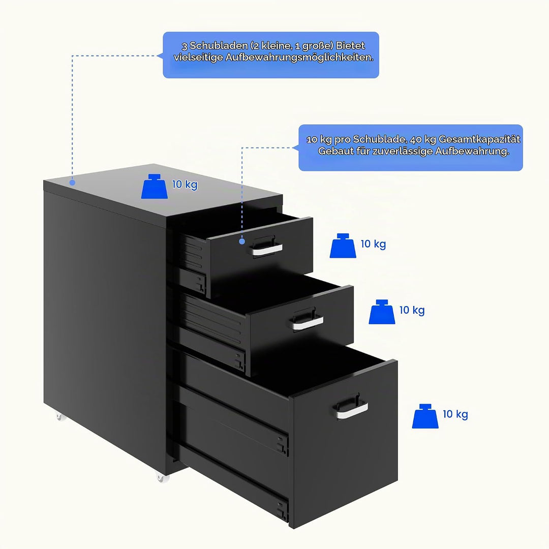 FLEXISPOT Rollcontainer Büroschrank mit 3 Schubladen, Aktenschrank Metallschrank Kommode mit Rädern,