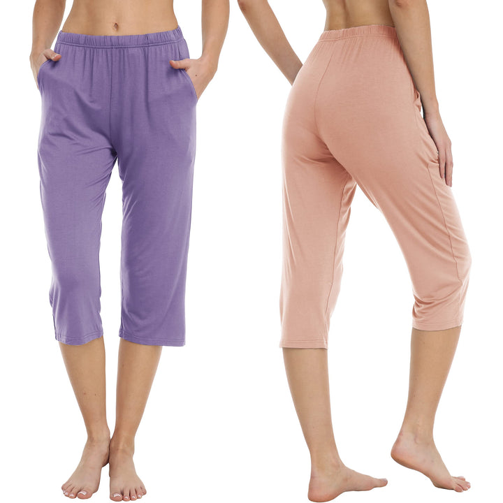 MoFiz Damen Schlafanzughose 3/4 Lang Schlafhose Modal Nachtwäsche Weich Pyjamahose Freizeithose mit