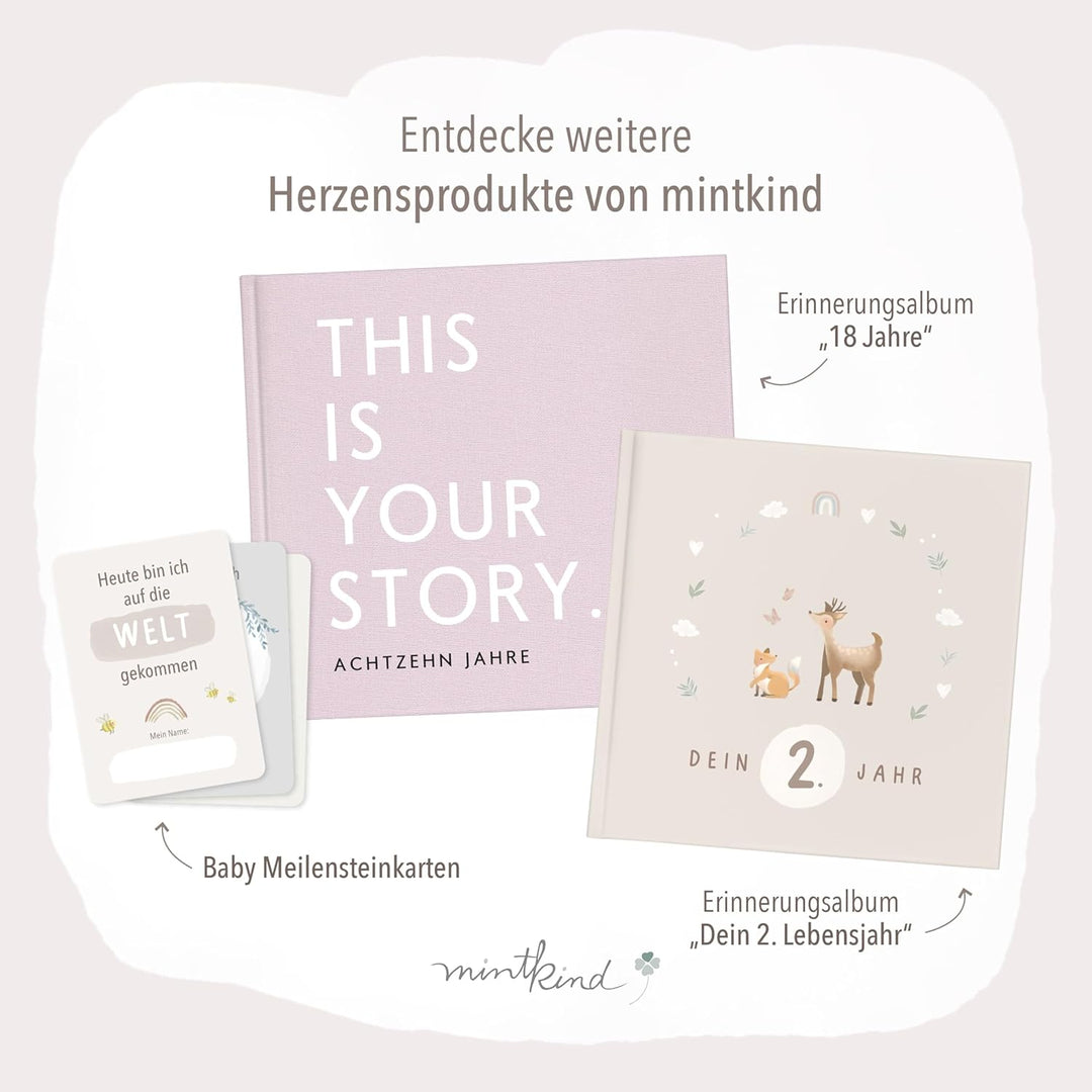 mintkind® Mein erstes Jahr Babyalbum Pattern Rosa – sanftes Babytagebuch mit 176 Seiten und Sticker-