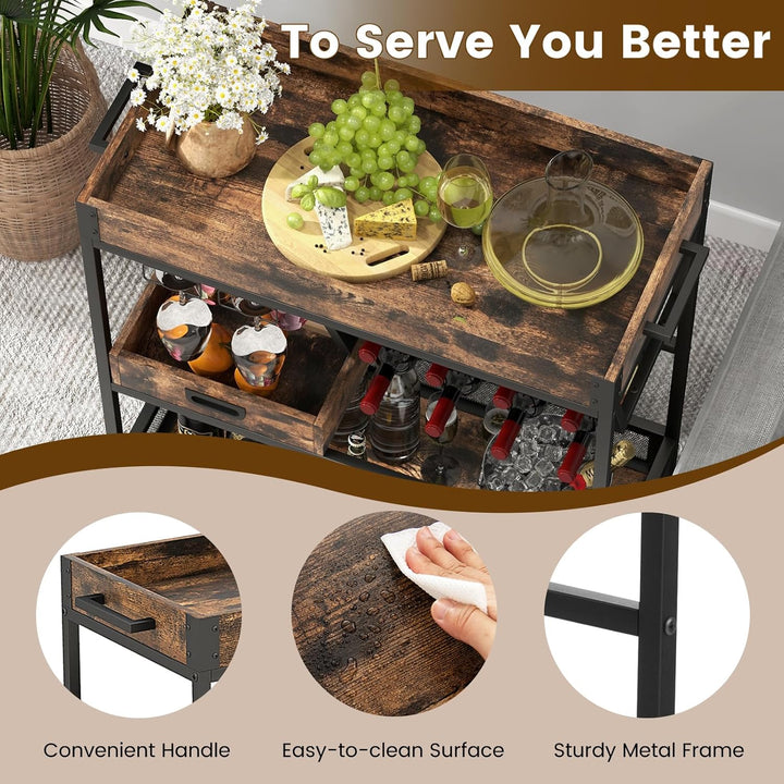 KOMFOTTEU Industrieller Küchenwagen mit herausnehmbarem Tablett, Servierwagen 3 Ebenen mit Weinregal