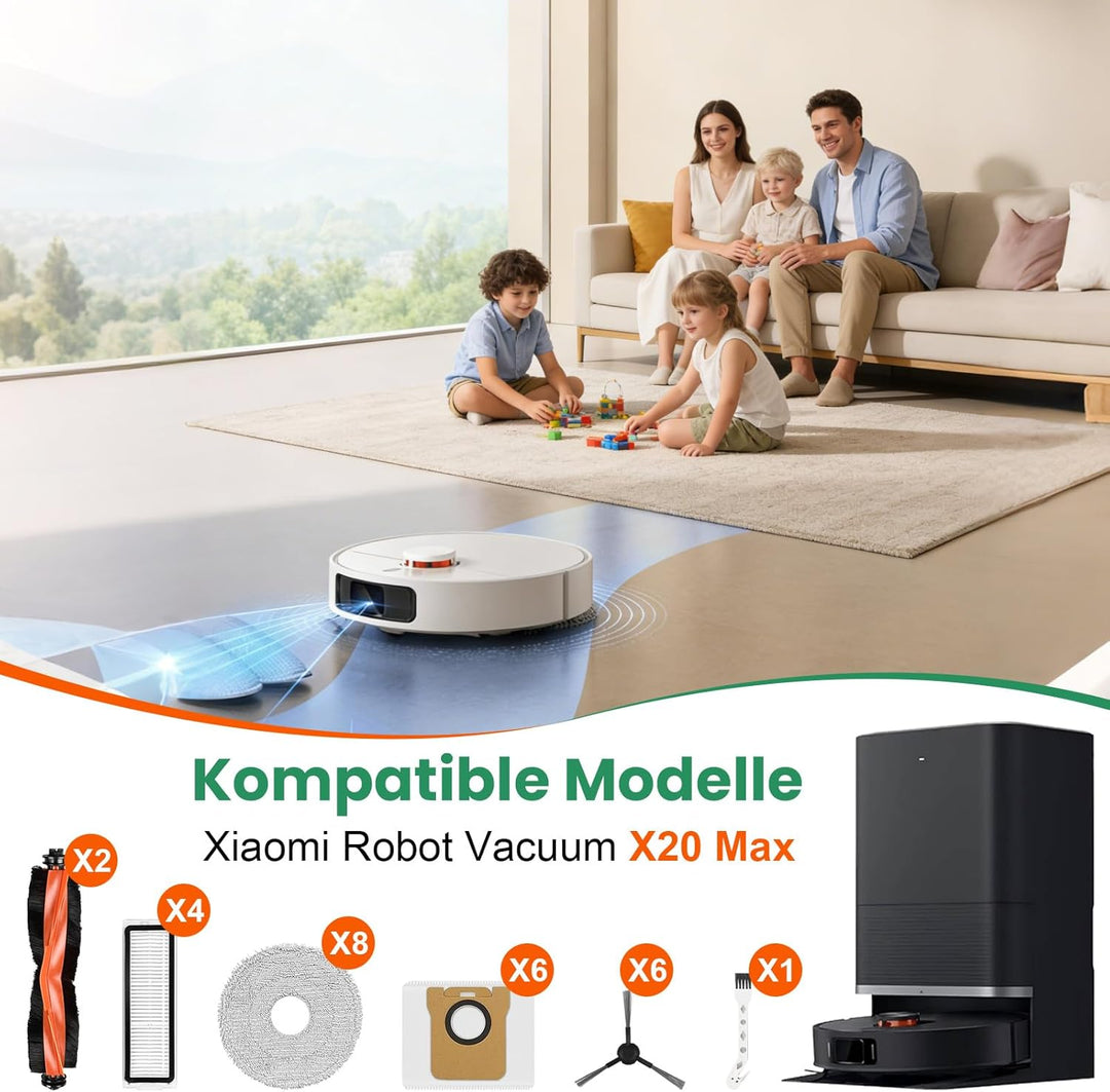 27 Stück Zubehör für Xiaomi X20 Max / X20 Pro Saugroboter, 2 Hauptbürste, 6 Staubbeutel, 8 Wischpad,