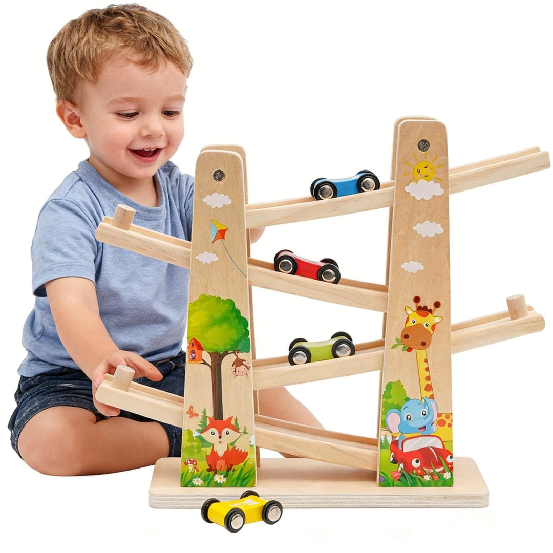 Kugelbahn Holz,Premium Holzspielzeug mit 4 Autos,Autorennbahn Holz Spielzeug für Jungen Geschenke Ge