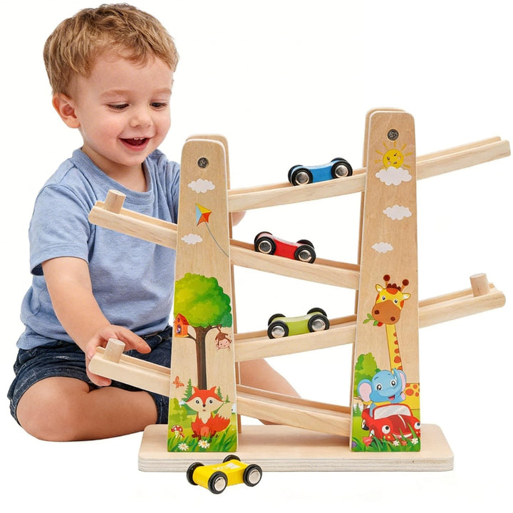 Kugelbahn Holz,Premium Holzspielzeug mit 4 Autos,Autorennbahn Holz Spielzeug für Jungen Geschenke Ge