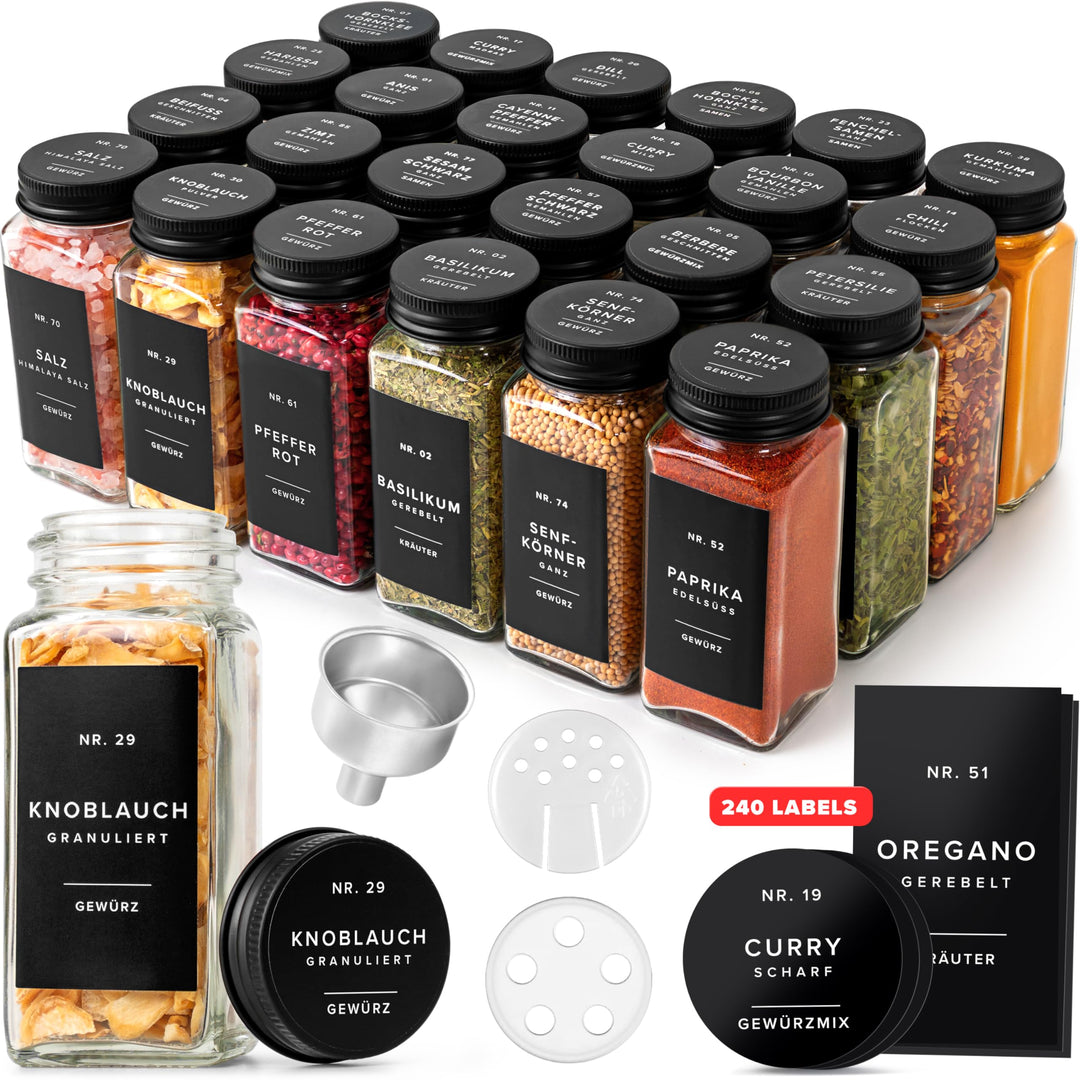 EDELHAUS® Gewürzgläser Eckig 120ml (24 Stk) Gewürzdosen mit 240 Gewürzetiketten, 24 Gewürzstreuer/St