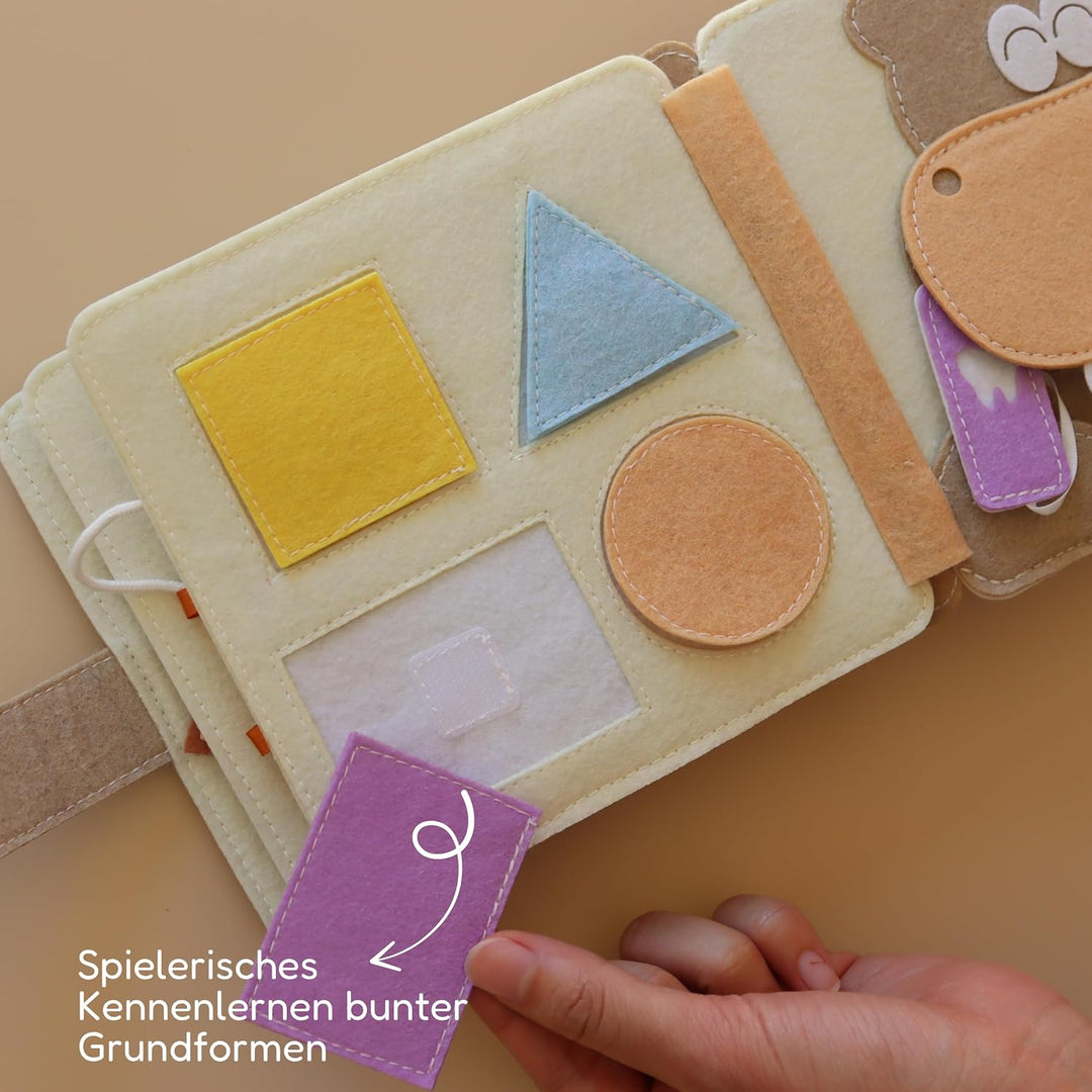 Mini Quiet Book Bärchen – Handgefertigtes Filz-Sensorikbuch mit Fingerpuppe – Bildschirmfreies Spiel