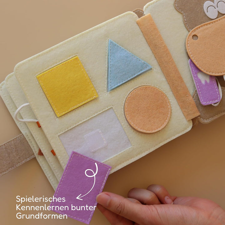 Mini Quiet Book Bärchen – Handgefertigtes Filz-Sensorikbuch mit Fingerpuppe – Bildschirmfreies Spiel