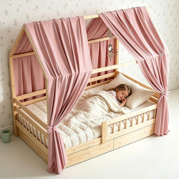 Hausbett Himmel, Betthimmel Hausbett Musselin mit 2 Stück Betthimmel, Stoffhimmel, Baldachin Kinderz