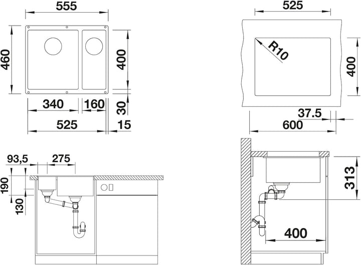 BLANCO SUBLINE 340/160-U | SILGRANIT felsgrau | Einbauart: Unterbau | Hauptbecken links | ohne Ablau