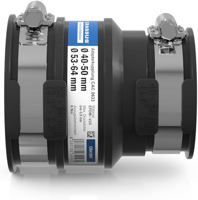 Crassus Adapterkupplung CAC 0633, EPDM / V2A, 1 Stück, 53-63 mm auf 40-50 mm, CRA12047, 53-63 mm auf