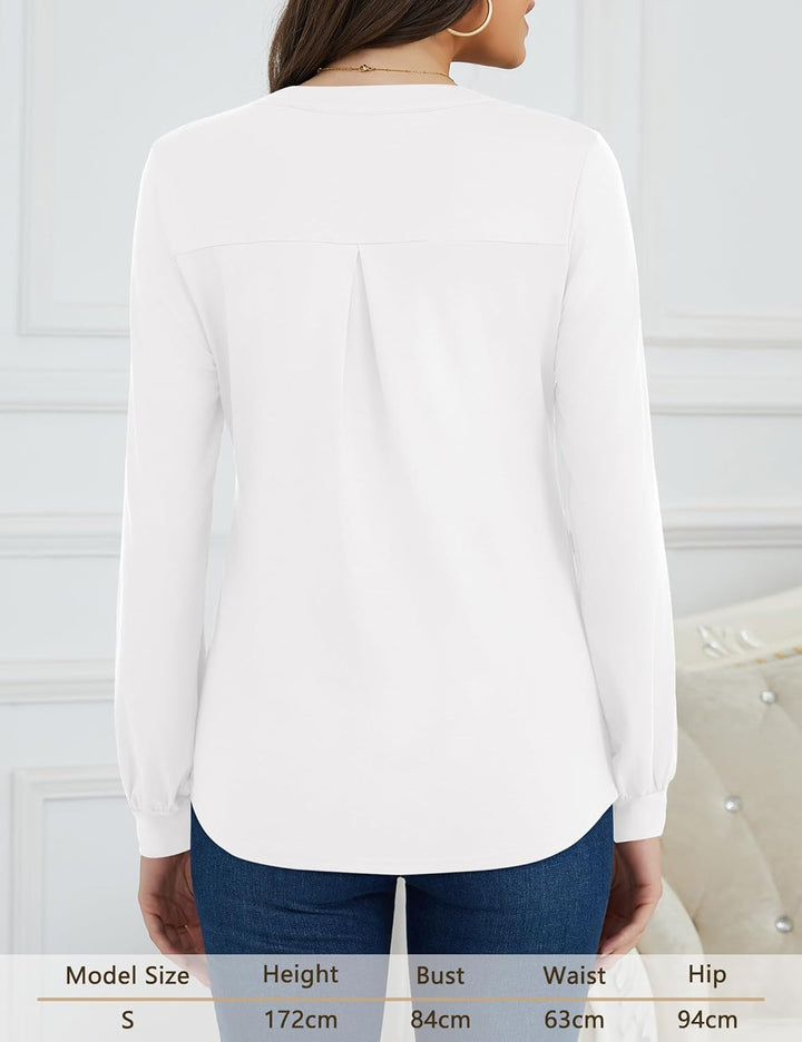 Beluring Langarmshirt Damen Elegant V Ausschnitt Tunika Bluse Einfarbig T-Shirt M Weiss, M Wei&#xDF;