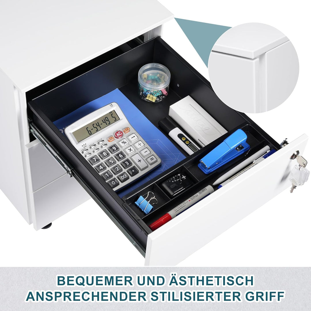 Rollcontainer mit Schubladen, Mobiler Aktenschrank unter Schreibtisch, Abschliessbarer Büroschrank,