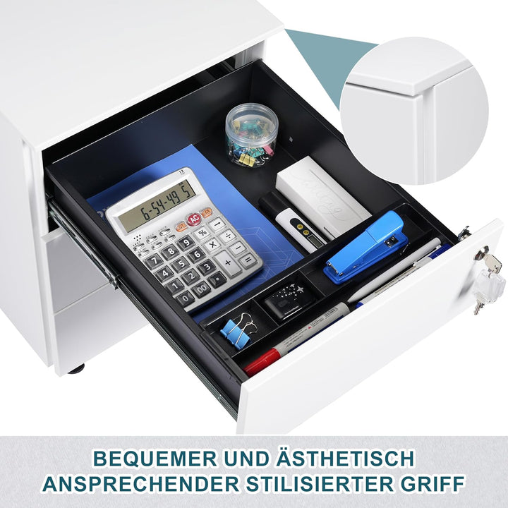Rollcontainer mit Schubladen, Mobiler Aktenschrank unter Schreibtisch, Abschliessbarer Büroschrank,