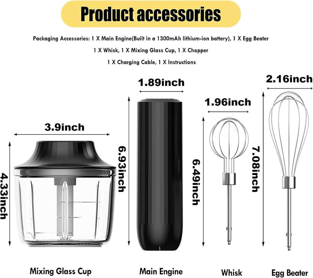 3-in-1 Elektrischer Schneebesen, PowCube Handmixer, Kleiner Kabelloser Stabmixer, Mini Zwiebelhacker