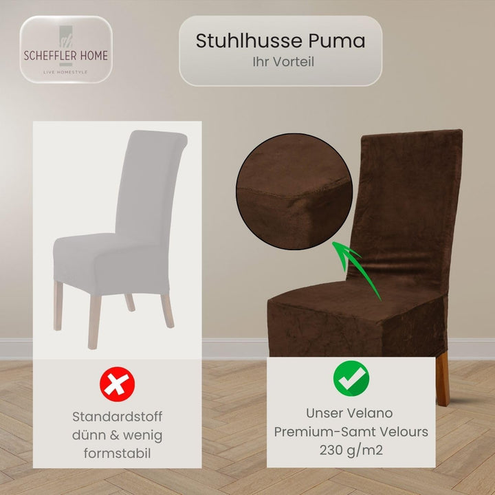 SCHEFFLER-Home Stretch Stuhlhussen Samt Puma Velvet/Velours Stuhlhussen Braun 2er Set/Stuhlabdeckung