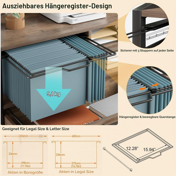 HSH Rollcontainer Mit Schublade Mobiler Aktenschrank Aus Holz Metall für DIN A4 Letter FormatGrösse