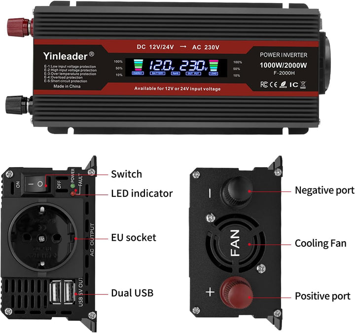 Yinleader Modifizierter Sinus Wechselrichter 12V/24V auf 230V Spannungswandler 1000W / 2000W LCD-Dis