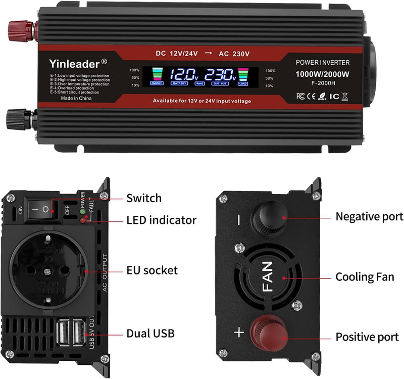 Yinleader Modifizierter Sinus Wechselrichter 12V/24V auf 230V Spannungswandler 1000W / 2000W LCD-Dis