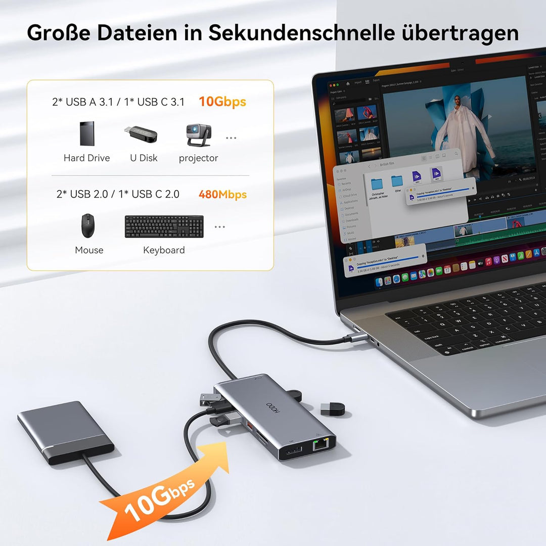 Dockingstation Laptop 2 Monitore, Docking Station USB C Hub Adapter 14 in 1 mit Dual HDMI, 10 Gbps D