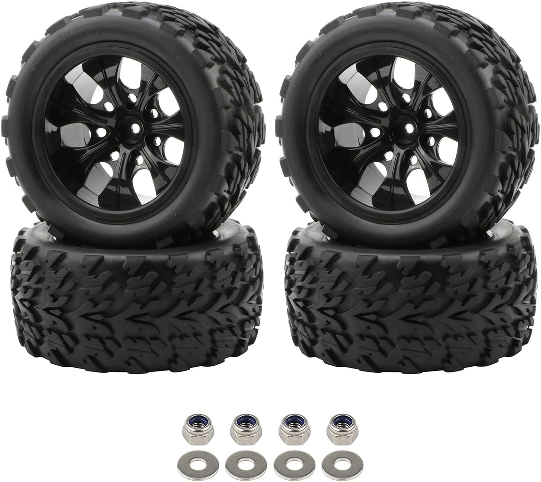 Pxyelec Gummireifen für Monster Truck 1:10 RC Auto Rad Typ Reifen mit 7 Speichen Felge Schwarz RC Te