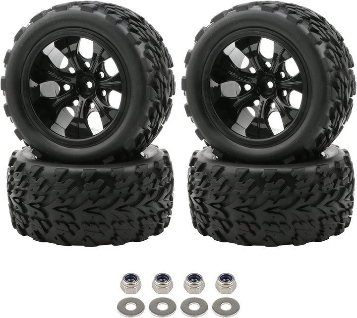 Pxyelec Gummireifen für Monster Truck 1:10 RC Auto Rad Typ Reifen mit 7 Speichen Felge Schwarz RC Te