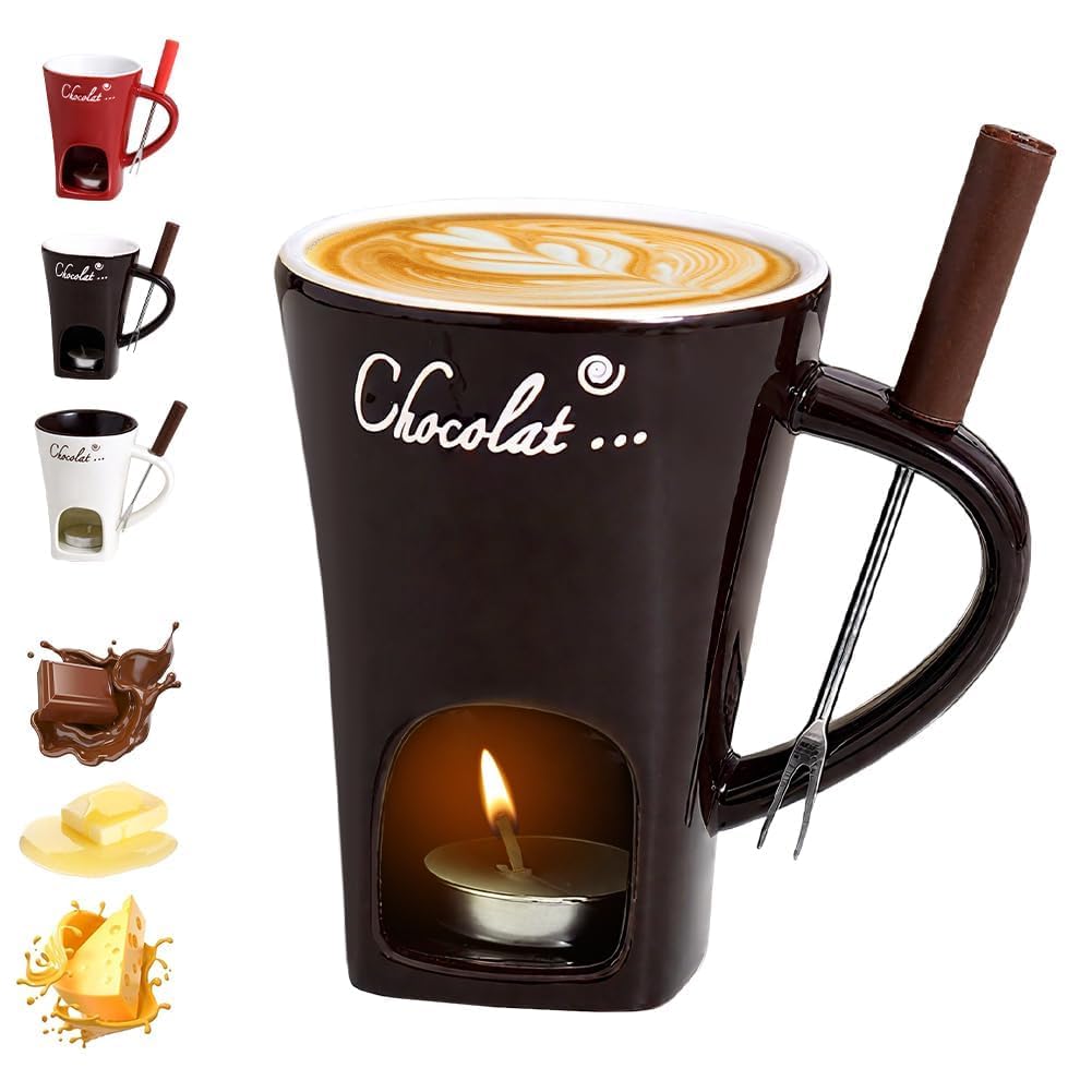 Generisch Schokofondue Tasse mit Gabel und Kerze, Tasse zum Schokolade Schmelzen, Keramik Schokolade