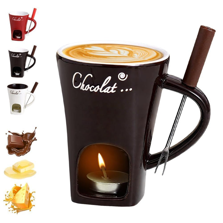 Generisch Schokofondue Tasse mit Gabel und Kerze, Tasse zum Schokolade Schmelzen, Keramik Schokolade