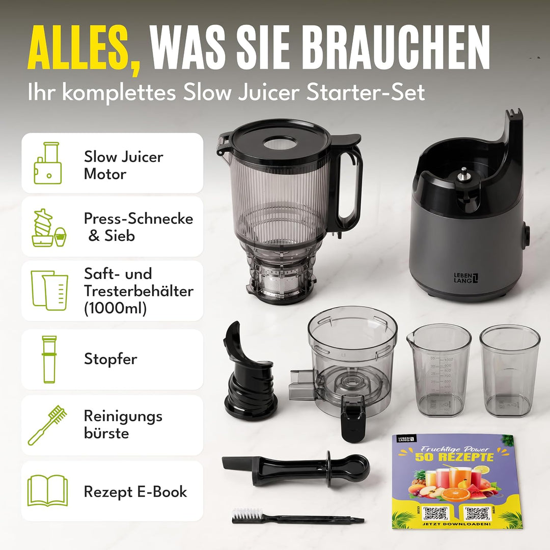 LEBENLANG Entsafter Slow Juicer - Inkl. Rezeptbuch &amp; Grosse 130mm Öffnung I Perfekt für Obst ganze F