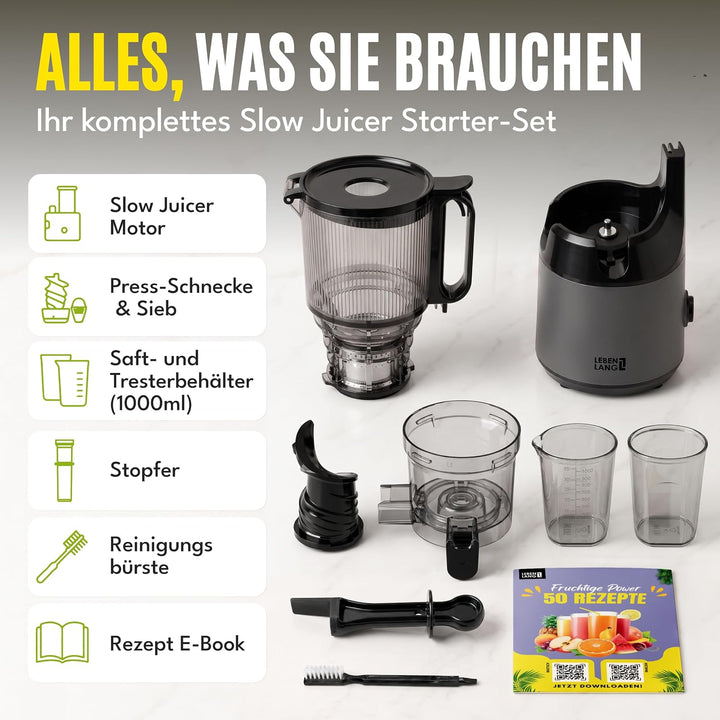 LEBENLANG Entsafter Slow Juicer - Inkl. Rezeptbuch &amp; Grosse 130mm Öffnung I Perfekt für Obst ganze F
