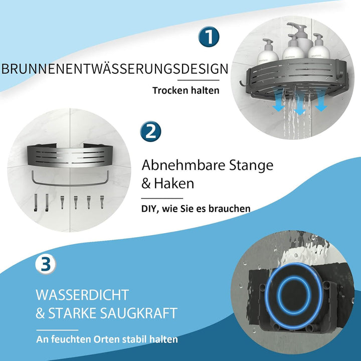 Duschregal Ohne Bohren mit Saugnapf, Eck-Duschablage mit Haken, Wasserdicht Badregal Abnehmbarer Bad