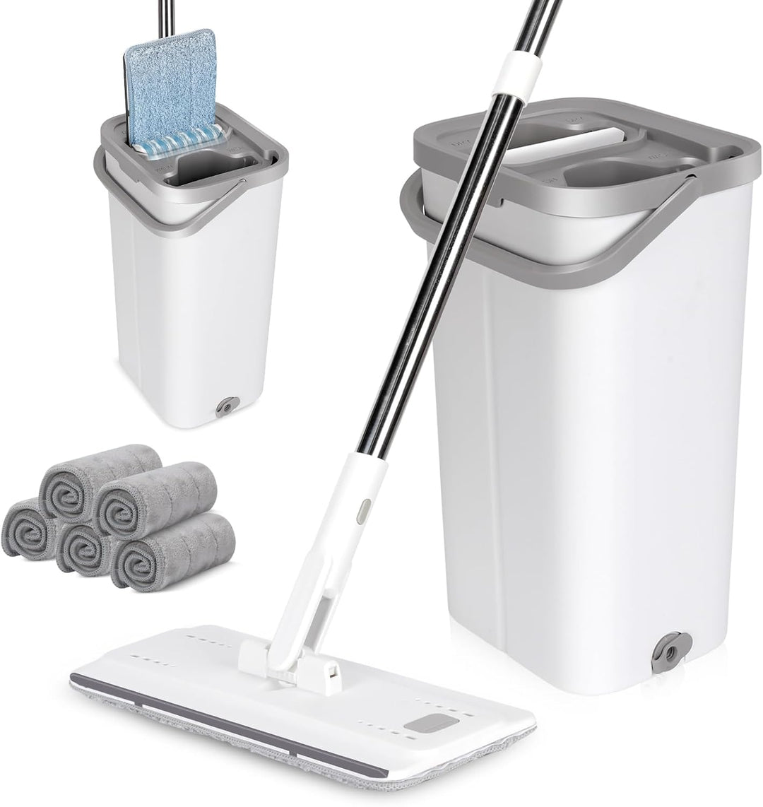 MASTERTOP Flachmopp und Eimer Set, Mikrofaser Bodenwischer mit 10 wiederverwendbaren Wischmopp-Pads