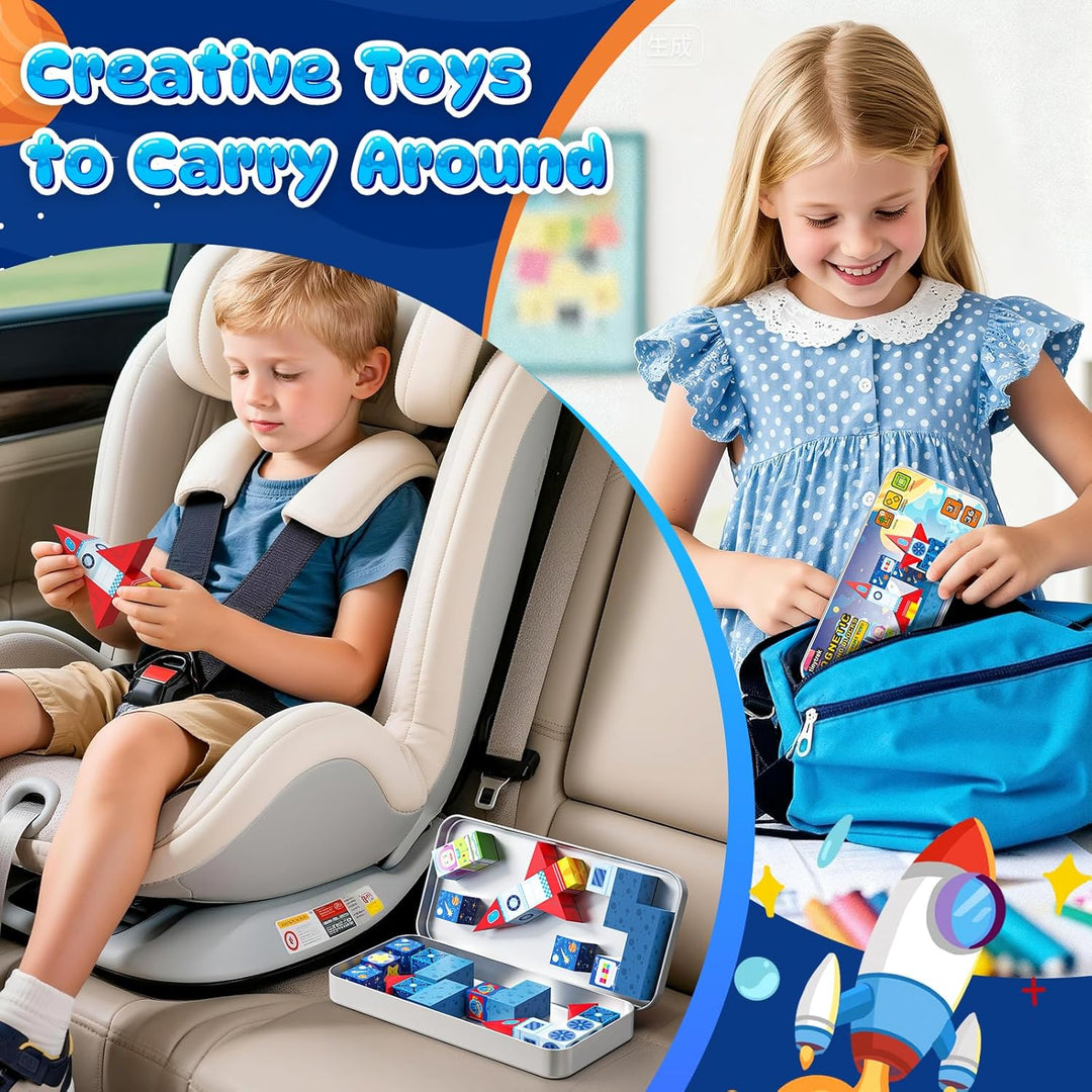 tinytrek Magnetische Bausteine Reisespielzeug für Kinder 36 Stück Tragbare Reise Mini-Magnetbaustein