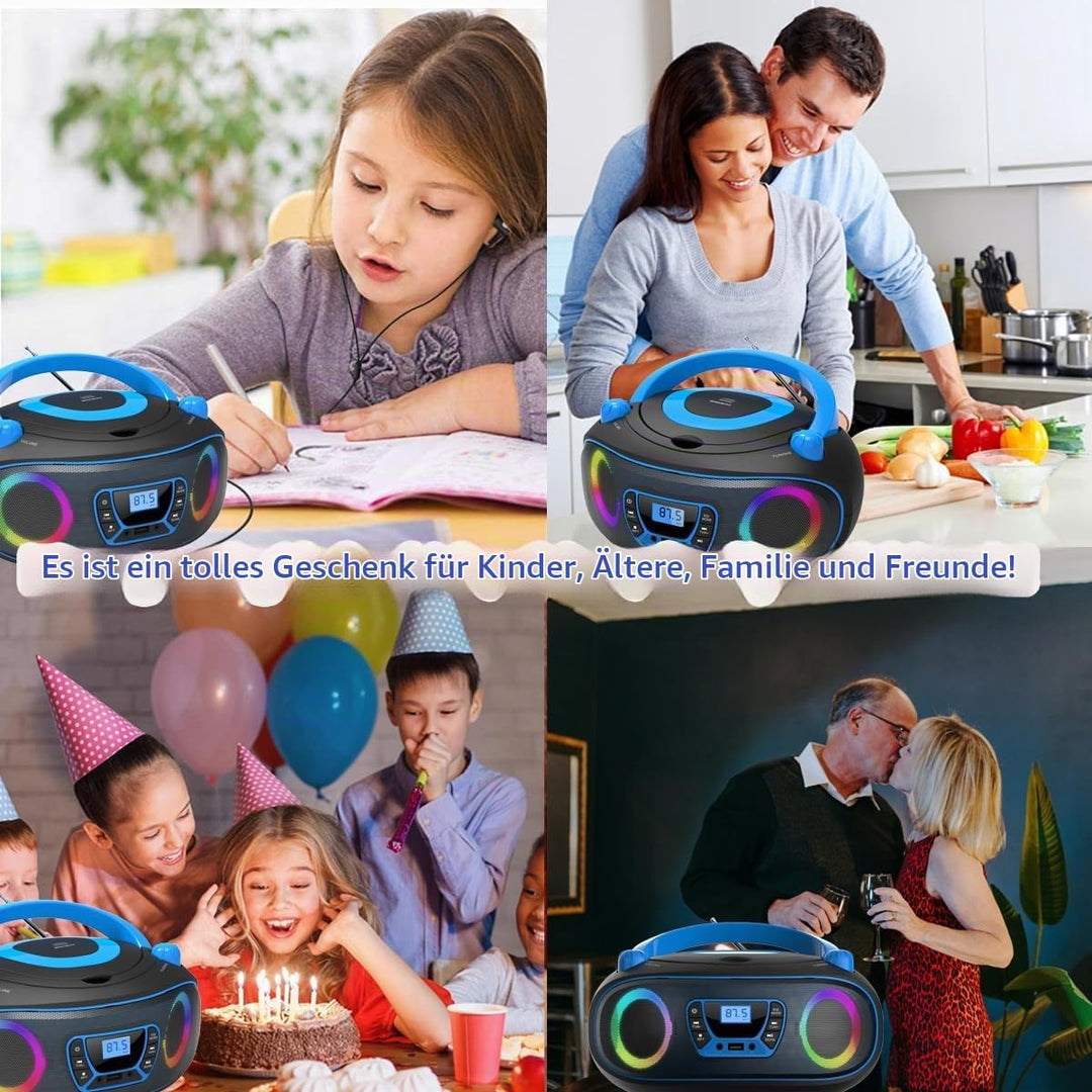 Tragbarer Stereo-CD-Player Boombox mit UKW-Radio, Bluetooth, CD-R/CD-RW/MP3/WMA-Wiedergabe, USB-Ansc