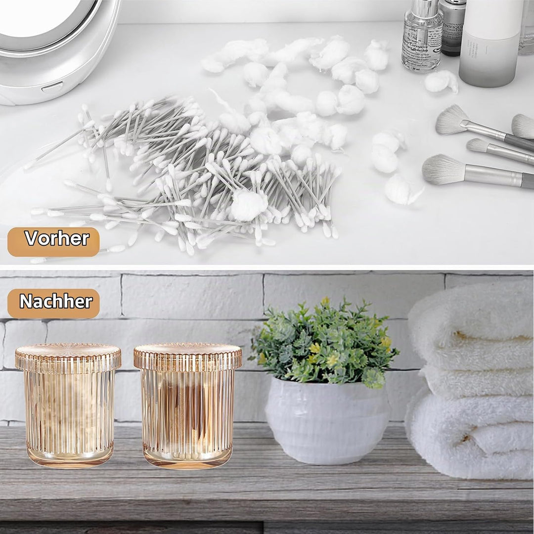 2 Stück Glas Wattepads Box Wattestäbchen Behälter Set Bernstein Wattepadspender Rund Kosmetik Organi