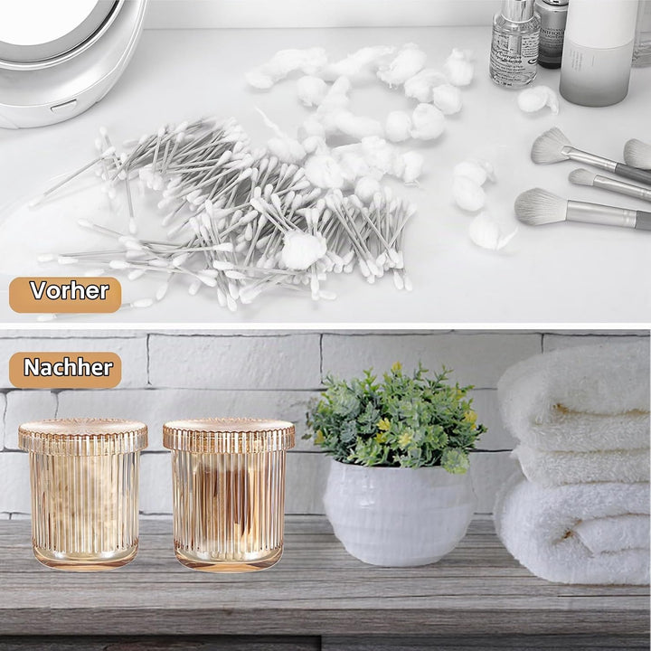 2 Stück Glas Wattepads Box Wattestäbchen Behälter Set Bernstein Wattepadspender Rund Kosmetik Organi