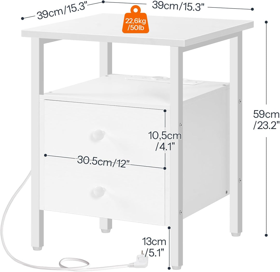 HOOBRO Nachttisch mit Ladestation, Beistelltisch, Sofatisch mit 2 Schubladen, Couchtisch mit USB-Ans