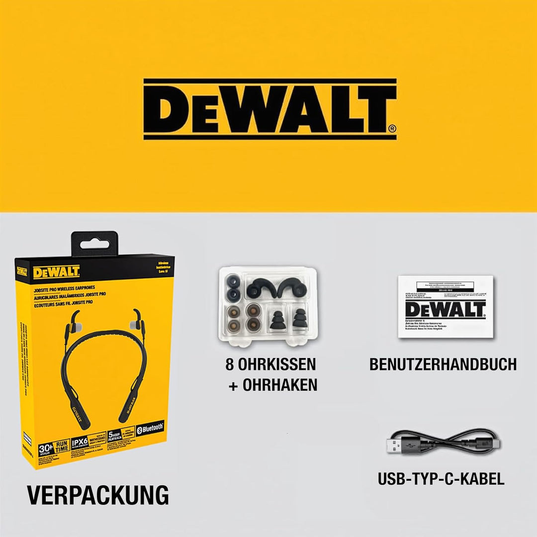 DEWALT Heavy-Duty Magnetische Bluetooth Nackenbügel-Kopfhörer – Kabellose Earbuds mit 30 Std. Laufze