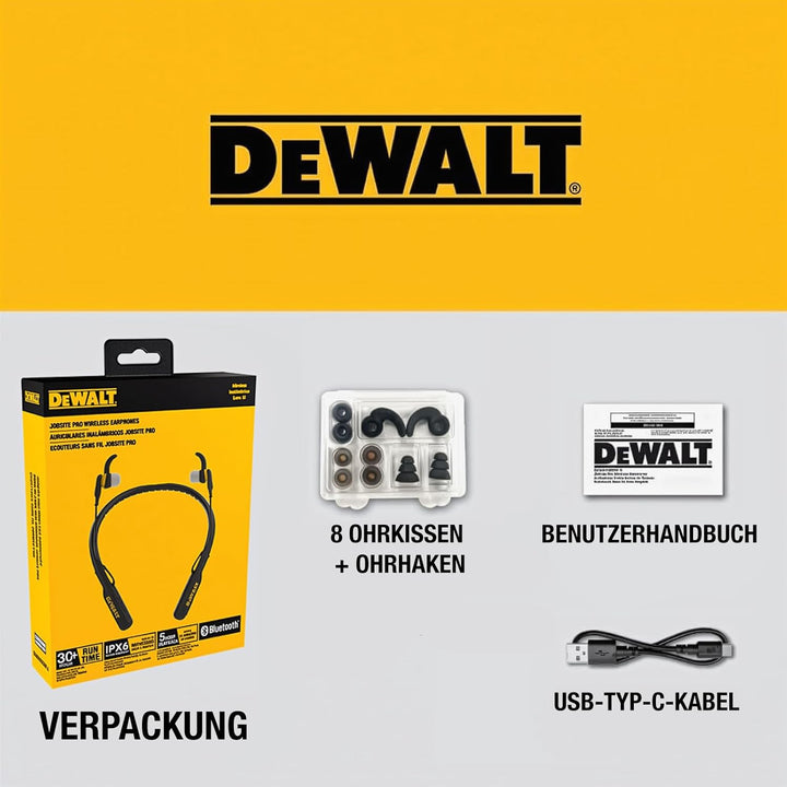 DEWALT Heavy-Duty Magnetische Bluetooth Nackenbügel-Kopfhörer – Kabellose Earbuds mit 30 Std. Laufze