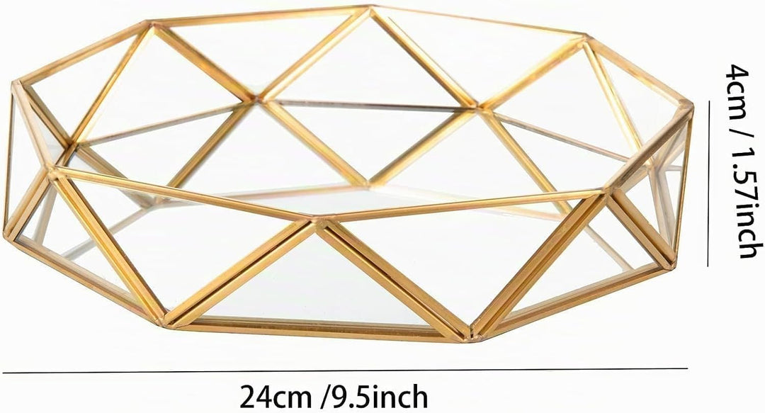 Feyarl 24 cm Schmucktablett Kosmetiktablett Gold Dekotablett Schmuck Organizer Kosmetikorganiser Gla