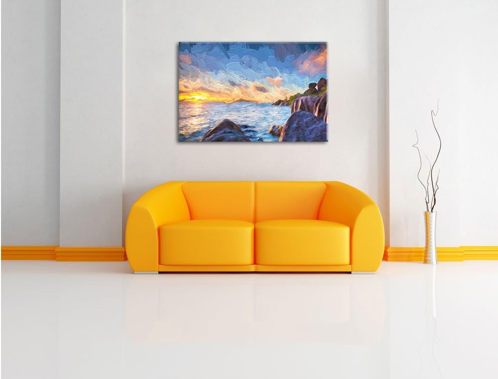 Pixxprint Sonnenuntergang Seychellen Kunst als Leinwandbild/Grösse: 100x70 cm/Wandbild/Kunstdruck/fe