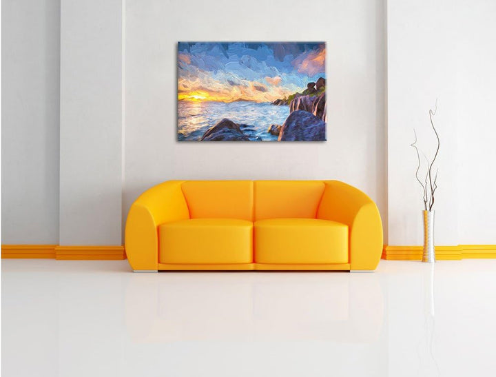 Pixxprint Sonnenuntergang Seychellen Kunst als Leinwandbild/Grösse: 100x70 cm/Wandbild/Kunstdruck/fe